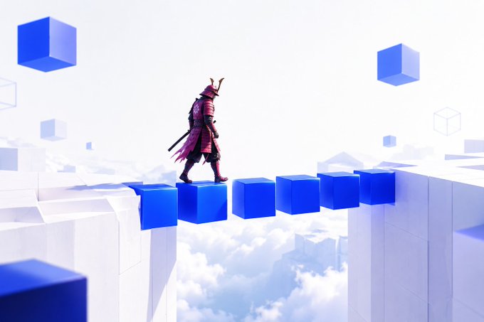A samurai in red and black armor walks across a bridge made of blue cubes suspended in a cloudy white sky.