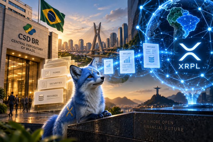 A promotional graphic featuring a blue fox and the XRP/XRPL logo alongside "CSD BR CENTRAL DEPOSITORY OF BRAZIL", depicting a global digital financial network.