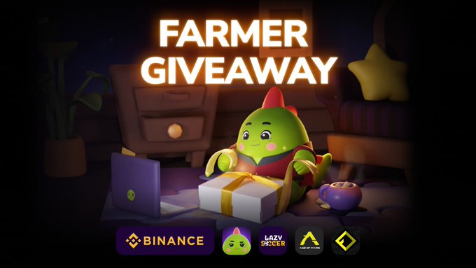 A promotional banner for a 'Farmer Giveaway' featuring a green dinosaur mascot with a laptop and gift box, displaying logos for Binance, Lazy Soccer, and other crypto brands.