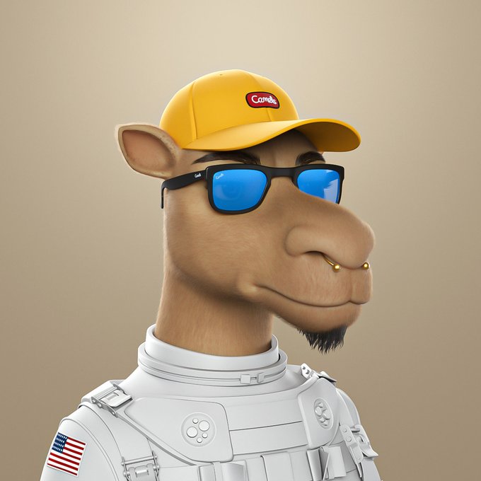 A 3D rendered anthropomorphic camel character wearing a yellow Camel cap, blue reflective sunglasses, a nose ring, and a white astronaut suit with an American flag patch.