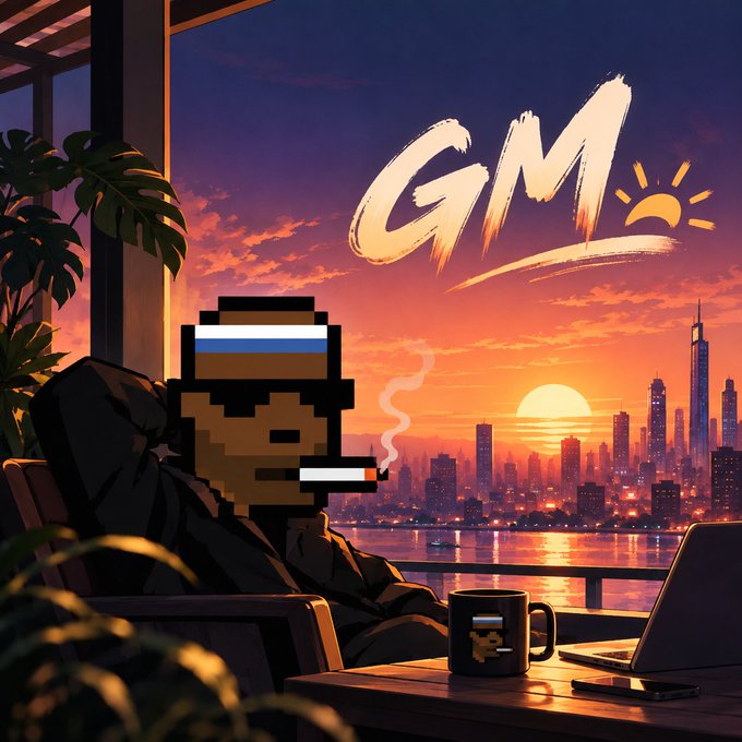 A digital artwork of a pixelated character wearing a blue and white headband, smoking a cigarette, sitting by a laptop and mug with a sunset cityscape in the background, with stylized 'GM' text and a sun graphic in the sky.