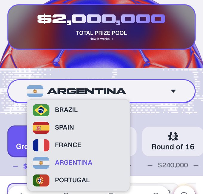 The image shows a soccer pool app interface where an interactive gameplay display, or graphically described as a pool table with various flags on top of it representing different teams, allows users to predict outcomes for their favorite teams against others'. The predicted results are shown in relation to the total prize pool available across all rounds. The user-friendly design and interactive elements make it enjoyable and engaging for people who love soccer or want to practice their predicting skills.