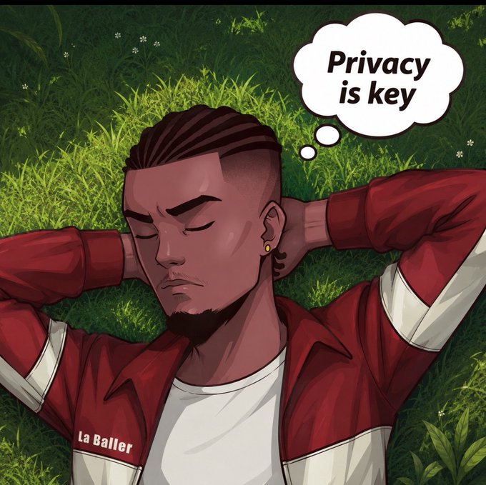 An anime/manga-style illustration of a man with braided hair wearing a red "La Baller" jacket, lying in grass with a thought bubble reading "Privacy is key".