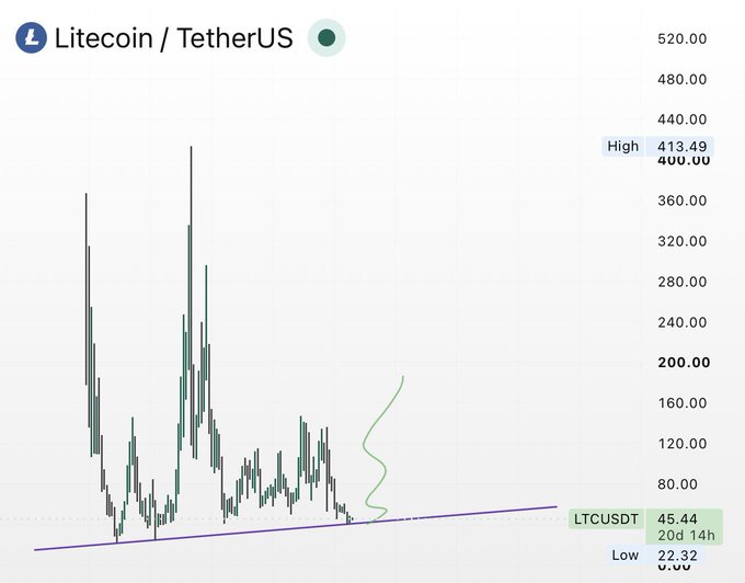 A Litecoin/TetherUS (LTCUSDT) price chart displays a high of $413.49 and current price of $45.44 with a 20d 14h timeframe, featuring a long-term ascending trendline and a curved projection line suggesting a potential rise to the $200 target by October 2027 as called for in the prediction.