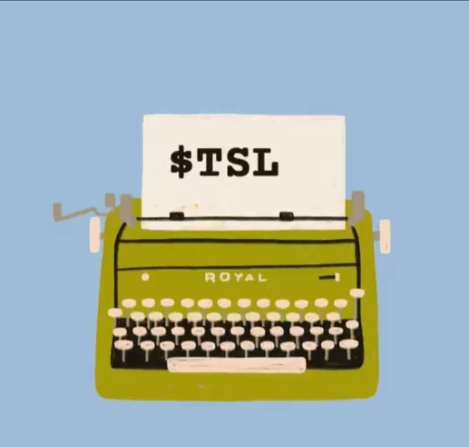 An illustration of a green Royal typewriter with a sheet of paper displaying "$TSL" against a light blue background.