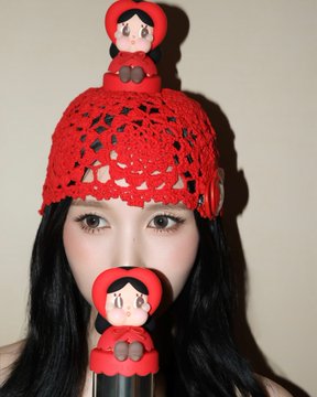 Mina of TWICE poses wearing a red crocheted hat and holding a SK-II x Crybaby doll to her face, showcasing her collaboration with the skincare brand as mentioned in the caption "MINA WITH THE SK-II CRYBABY."