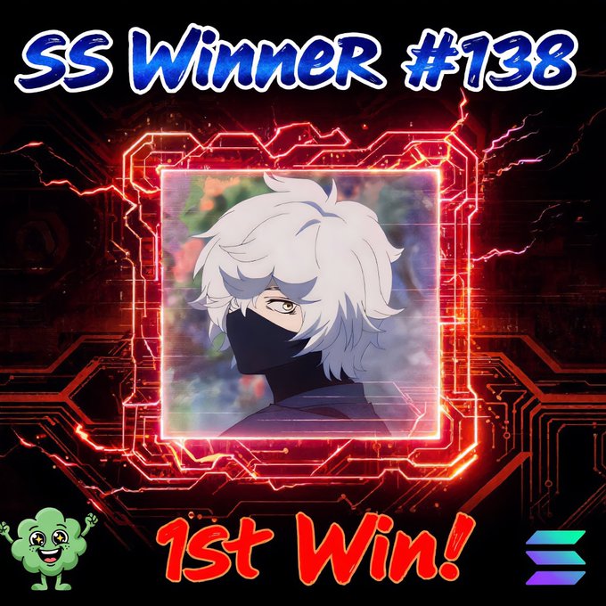 A graphic celebrating 'SS Winner #138 1st Win!' featuring an anime-style character with white hair and a face mask against a red circuit-board background, with a cartoon clover character in the corner.