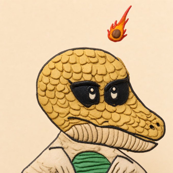 A claymation-style artwork depicting an anthropomorphic pangolin character with sad eyes wearing a green shirt, with a small flame floating above its head.