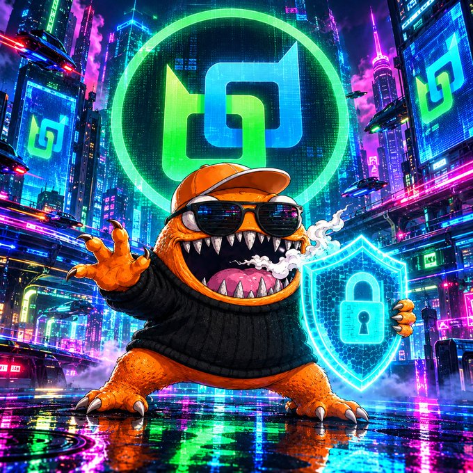A vibrant, neon-colored digital artwork of an orange reptilian character wearing sunglasses and a black sweater, holding a glowing blue security shield in a cyberpunk cityscape setting.
