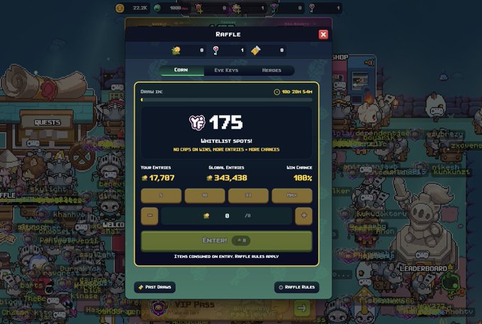 A screenshot of a 'Raffle' interface in a game showing '175 WHITELIST SPOTS!' with a timer ending in 28H 54M, 17,787 entries, and a '100%' win chance, noting 'NO CAPS ON KEYS, MORE ENTRIES = MORE CHANCES'.