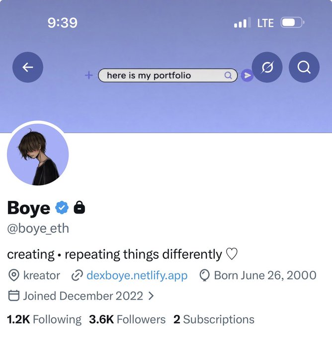 A Twitter/X profile screenshot for "Boye" (@boye_eth) displaying 3.6K followers, a "kreator" tag, and a new verified badge, aligning with the post celebrating earning their first web3 badge.