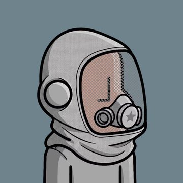 Digital illustration of a figure in a grey hazmat suit with a star logo gas mask against a muted blue background.