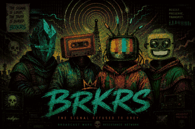 A stylized cyberpunk poster featuring characters with cassette tape, TV, and robot heads, titled 'BRKRS: The Signal Refused to Obey' with text 'The Signal is Loud. The Truth is Buried.' and 'Resist. Preserve. Transmit.'