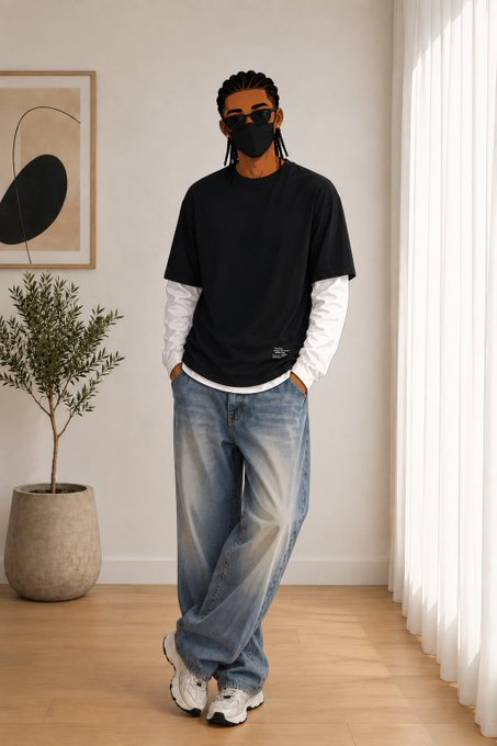 A person standing indoors wearing a black layered t-shirt over a white long-sleeve shirt, baggy light-wash blue jeans, white sneakers, a black face mask, and dark sunglasses, posed next to a potted olive tree.