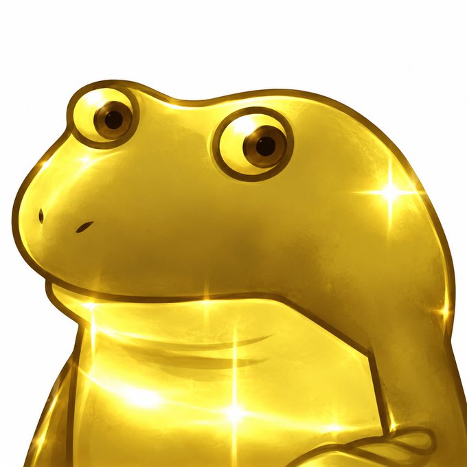 A shiny golden cartoon frog with large eyes and sparkles stands against a white background.