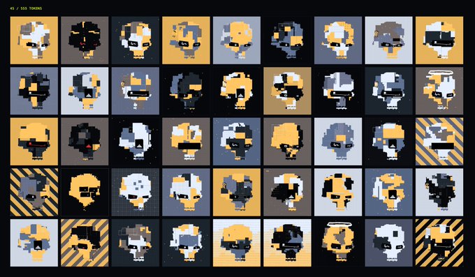 A grid of 45 pixel-art skull characters (labeled "45 / 555 - 1080x685") in a Cyberpunk-style collection with varied orange, gray, and black color schemes.