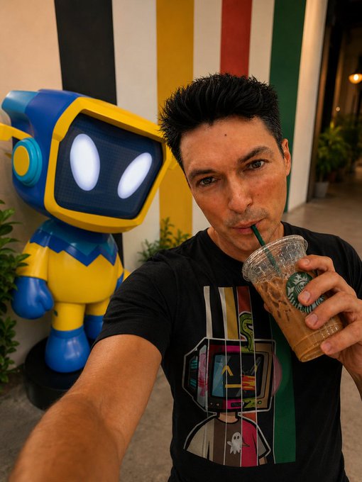 A man takes a selfie while sipping an iced coffee from a Starbucks cup, standing next to a large, stylized blue and yellow robot statue with glowing white eyes.