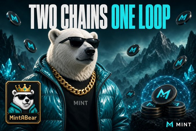 A crypto-themed promotional banner titled 'TWO CHAINS ONE LOOP' featuring a white bear wearing sunglasses and a gold chain in a teal puffer jacket, surrounded by 'M' coins, the 'MintABear' logo, and the word 'MINT'.