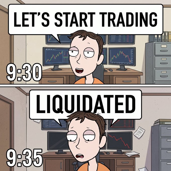 A two-panel comic showing a trader saying 'LET'S START TRADING' at 9:30 with rising chart graphs, followed by 'LIQUIDATED' at 9:35 with crashing red chart lines on the monitors behind him.