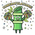 A small illustration of a green can character with arms and a smiling face, surrounded by fireworks and the text 'CONGRATULATIONS'.