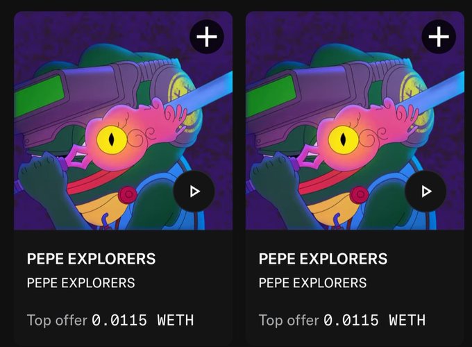 The image shows two different posts about Pepe Explorers, with one post featuring a cartoon frog character wearing a green shirt and yellow pants, holding a gun, while the other post has a picture of a cartoon frog character wearing a pink shirt and blue pants. The posts are displayed side by side on a website, and there is text below them that reads "Minted @PepeExplorers by @TrystanNFT Send it higher".