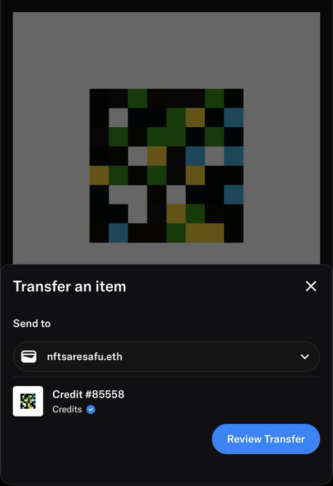 A screenshot of a digital wallet interface showing a 'Transfer an item' dialog for sending 'Credit #85558' (Credits) to the wallet address 'nftsaresafu.eth', with a 'Review Transfer' button visible.