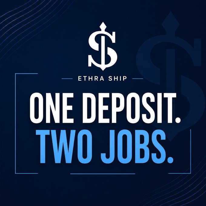 The image is a dark navy promotional graphic for "ETHRA SHIP" featuring its stylized "S"-and-anchor logo at the top, with the bold text "ONE DEPOSIT. TWO JOBS." displayed prominently in white and light blue, along with decorative framing lines. The caption reinforces the post's message by visually representing Ethra Ship's dual-purpose deposit model—where a single USDC deposit simultaneously generates yield for the user and funds the Sea Verity maritime intelligence network.