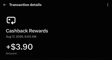 A mobile screenshot of a CashApp transaction details page showing a 'Cashback Rewards' credit of +$3.90 dated Aug 17, 2026, 6:00 AM.