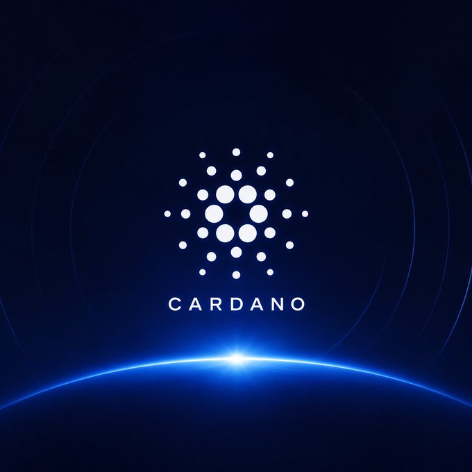 The image displays the Cardano logo—white dots arranged in a diamond pattern above the word "CARDANO"—set against a deep blue background with a glowing horizon, visually reinforcing the post's theme of Cardano quietly building toward a major next chapter through infrastructure, DeFi, and ecosystem funding.