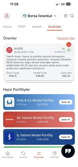 The image shows a screenshot of the piPia mobile app's "Analizler" (Analysis) tab, displaying a technical analysis alert for ULKER (ULKER B) stock dated 10.09.2026, suggesting a buy signal with a stop-loss at ₺94.15 and target price of ₺98.00, along with model portfolios from Ünlü & Co, Ak Yatırım, and İş Yatırım. This relates to the post as it showcases the app's analysis features that complement the portfolio tracking capability mentioned, demonstrating one of the practical tools available for monitoring investments in a single place.