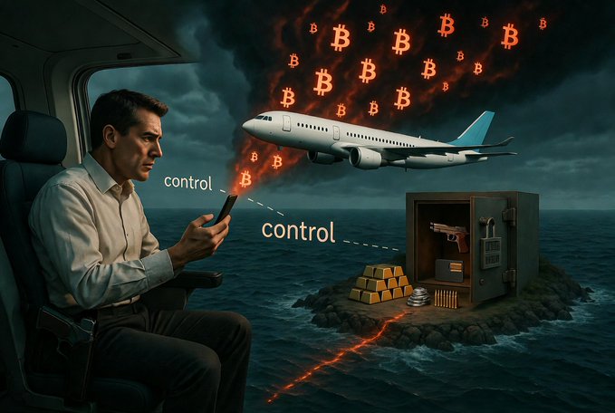 A man sits inside a vehicle holding a smartphone, with an airplane trailing Bitcoin logos and flames flying overhead, connected by dashed "control" lines to a safe on a rocky island containing gold, coins, and a handgun. The imagery illustrates the post's message about self-custody vulnerabilities—suggesting that physical proximity and real-world threats (like the ColdCard debacle) can override digital sovereignty, no matter how immutable the principles of self-custody appear.