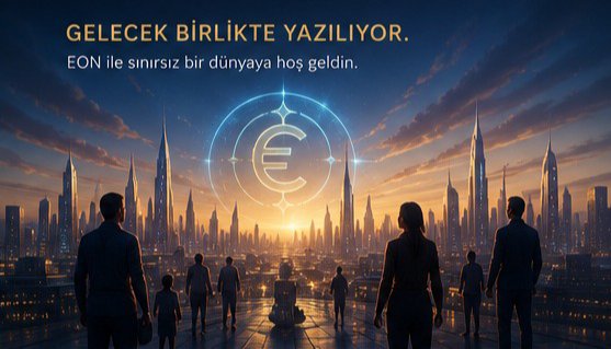 A futuristic cityscape at sunset with the text 'GELECEK BİRLİKTE YAZILIYOR. EON ile sınırsız bir dünyaya hoş geldin.' (The future is written together. Welcome to a limitless world with EON) and a large Euro symbol.