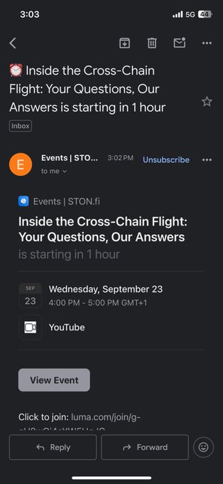 A mobile email screenshot for 'Inside the Cross-Chain Flight: Your Questions, Our Answers' from Events | STON.fi, scheduled for Wednesday, September 23 at 4:00 PM - 5:00 PM GMT+1 on YouTube.