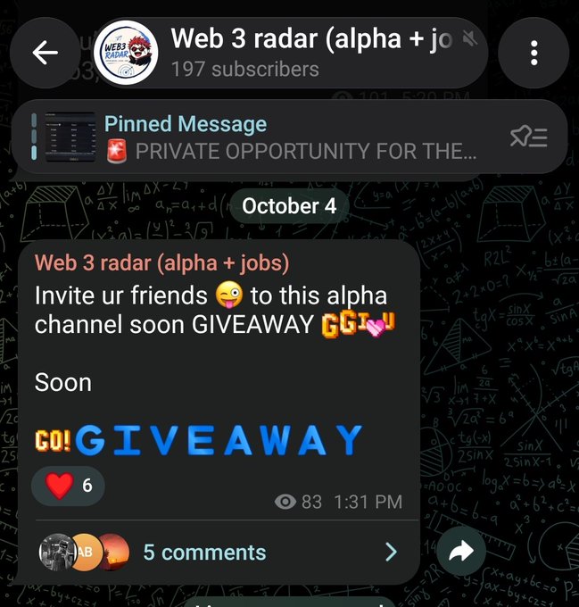 A Telegram channel screenshot for "Web 3 radar (alpha + jobs)" with 197 subscribers, showing a pinned message and a post inviting friends to an alpha channel with an upcoming GIVEAWAY.