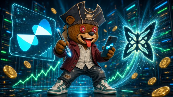 A cartoon teddy bear dressed as a pirate with an eyepatch and tricorn hat, holding a phone, surrounded by crypto coins and neon blue butterfly logos and holographic displays.