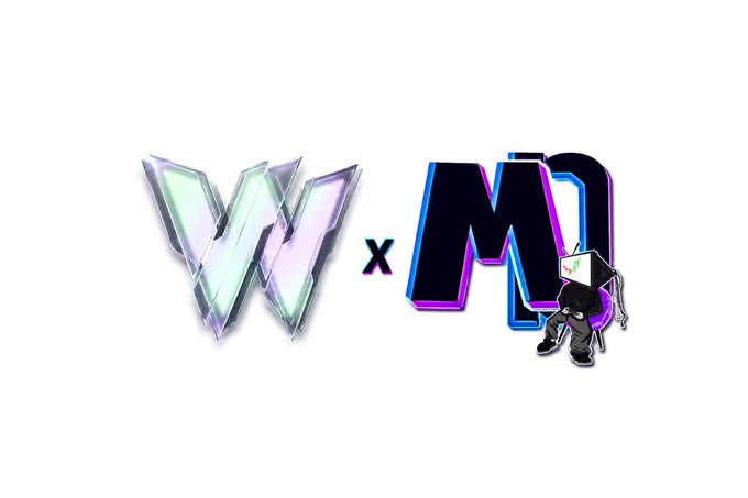 The image displays stylized "W" and "M" logos representing Webverse and Mavericks DAO, accompanied by a small block-headed character, visually representing the collaboration mentioned in the announcement about the MD pass free mint on OpenSea.