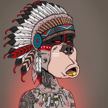 A detailed digital illustration of a character with a pig-like face wearing a Native American feathered headdress and tribal tattoos, in a stylized cartoon art style.