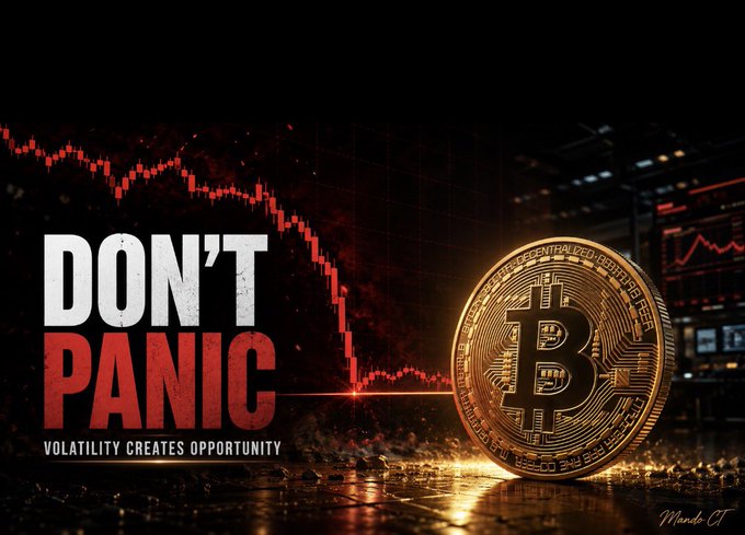 A dramatic Bitcoin-themed graphic displays the bold text "DON'T PANIC - VOLATILITY CREATES OPPORTUNITY" alongside a golden Bitcoin coin and a plunging red candlestick chart, visually reinforcing the post's message that Bitcoin's sharp drop to $79,200 following strong US jobs data is a temporary macro-driven flush rather than a failure of its long-term bullish thesis.