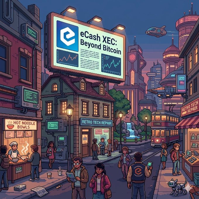 The image features a group of people walking down a street, with a billboard advertising Bitcoin prominently displayed above them. The billboard reads "eCash XEC Beyond Bitcoin", indicating that the Bitcoin coin has been launched or is being promoted for use on eCash. This suggests that the Bitcoin coin might be related to the cryptocurrency exchange service provided by eCash.