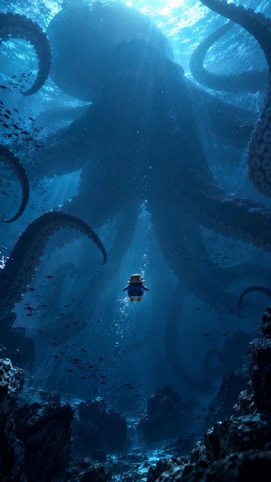 A dramatic underwater scene shows a small figure with a diving helmet surrounded by massive octopus tentacles emerging from the depths, with sunbeams filtering through the blue water.