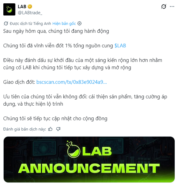 A Vietnamese-language tweet from @LABtrade announcing the permanent burn of 1% of the total $LAB supply, featuring a green 'LAB ANNOUNCEMENT' graphic at the bottom.