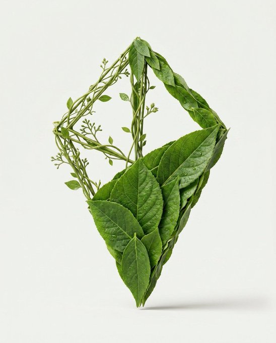 A sculptural arrangement of green leaves and vines forming a teardrop or diamond-like shape against a white background.