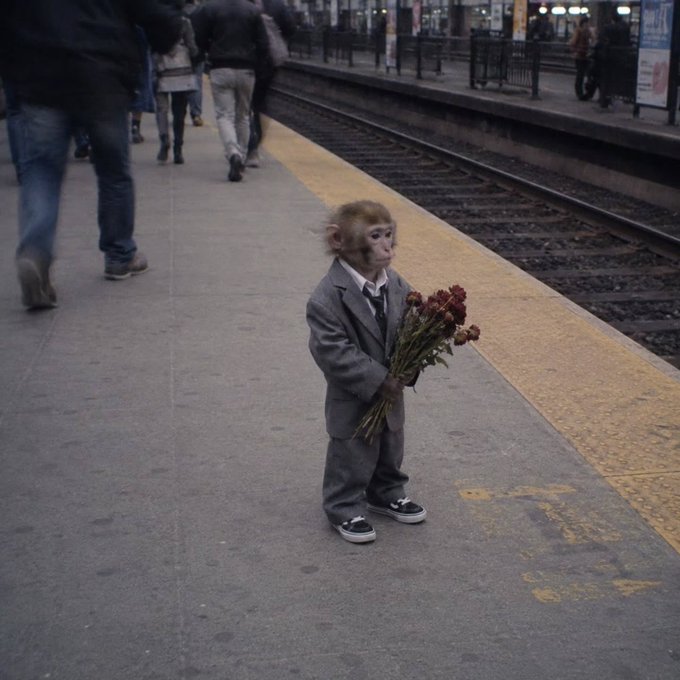 A small monkey dressed in a gray suit and sneakers stands on a train platform, holding a bouquet of red roses while people walk past in the background.