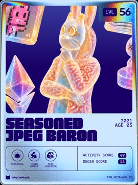 A digital trading card titled 'SEASONED JPEG BARON' (LVL 56, 2021, Age 05) depicting a translucent, anatomical rabbit figure against a purple background, with stats for activity (459) and degen (3.4).