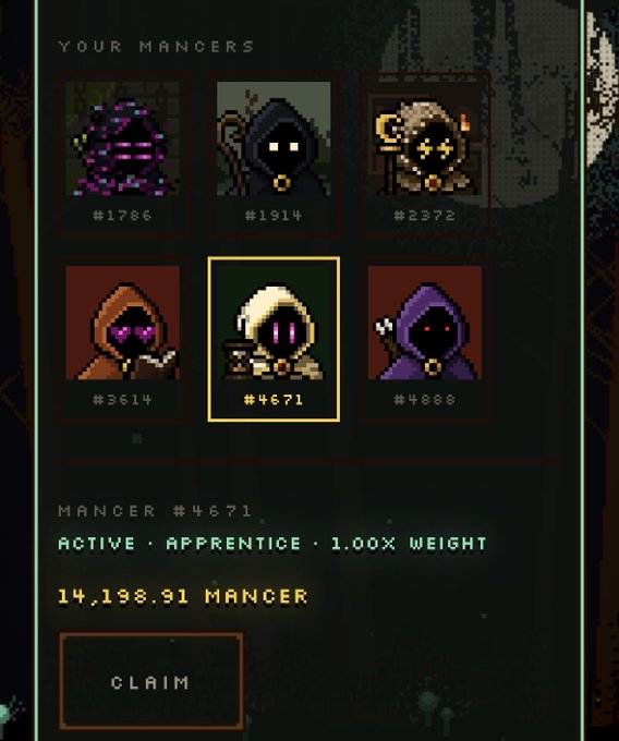 A digital interface screen showing a collection titled 'YOUR MANCERS' with six hooded character icons numbered #1786, #1914, #2272, #3614, #4671, and #4888; Mancer #4671 is highlighted as 'ACTIVE - APPRENTICE - 1.00X WEIGHT' with a balance of '14,198.91 MANCER' and a 'CLAIM' button.