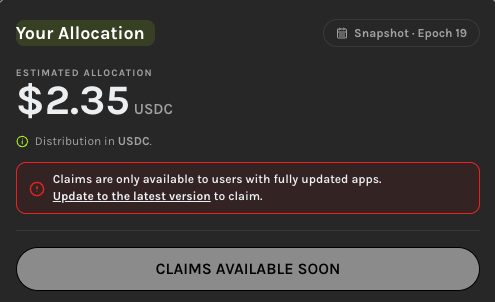 A mobile app screenshot showing 'Your Allocation' with an estimated allocation of '$2.35 USDC' for Snapshot - Epoch 19, displaying a warning that claims are only available to users with updated apps.