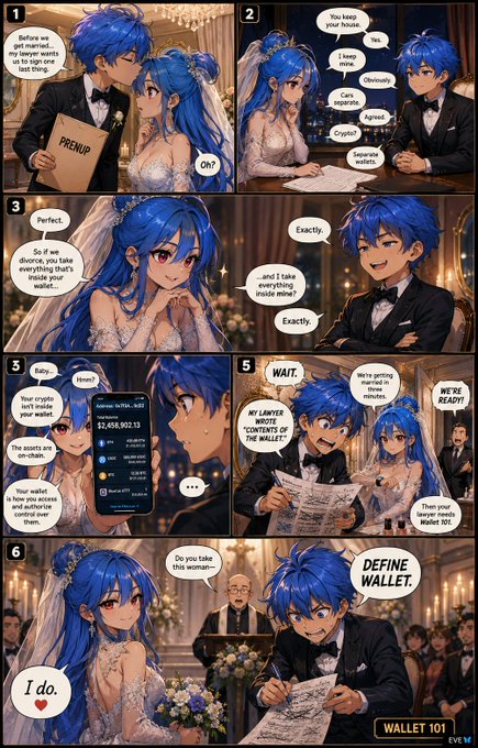 A 6-panel anime-style comic depicting a wedding scene where the groom nervously asks the bride to take 'everything inside' his wallet instead of using her own, revealing a crypto balance of $2,458,902.13 on her phone and joking about 'getting married in two minutes'.