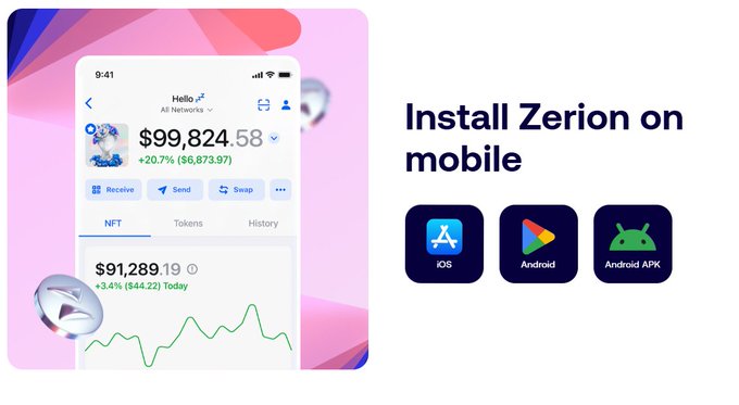 The image promotes installing the Zerion crypto wallet on mobile, displaying iOS, Android, and Android APK download options alongside a screenshot of the app showing a portfolio balance of $99,824.58 across all networks with NFT holdings valued at $91,289.19. This visual reinforces the post's critique of outdated wallet interfaces by showcasing Zerion as a modern alternative that tracks diverse crypto activities beyond simple balances.