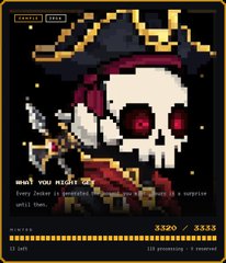 Pixel art of a skull-headed reaper character in a red robe holding a sword, resembling a retro video game battle screen with health bars and game text.