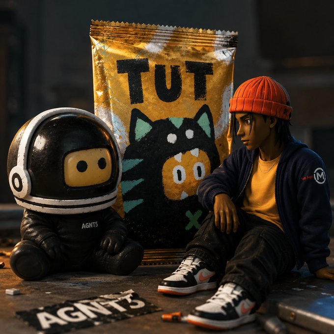 A stylized scene showing a young person in a red beanie and dark jacket sitting next to a small robot figure in front of a 'TUT' chip bag featuring a cartoon cat character.